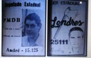 Santinhos de Londres Machado e André Puccinelli, rivais políticos de Fátima do Sul, nas eleições de 1986 (Imagem: Reprodução/Jornal O Zangão)