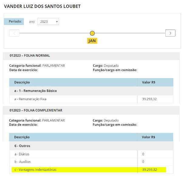 Comprovante de pagamento referente a janeiro de 2023 (Portal da Transparência)