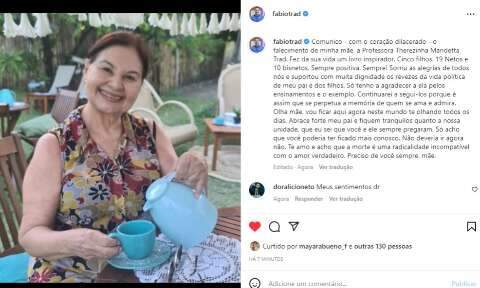 Nas redes sociais, filhos fazem homenagem póstuma à mãe Therezinha Trad