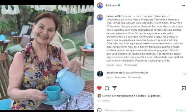 Nas redes sociais, filhos fazem homenagem p&oacute;stuma &agrave; m&atilde;e Therezinha Trad