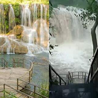 Antes e depois da Cachoeira do Amor, uma das quedas d&#39;água no Parque da Cachoeiras, em Bonito. (Foto: Reprodução)