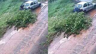 Câmera de segurança registra momento em que homem faz descarte irregular de lixo no Moreninhas. (Foto: Direto das Ruas)