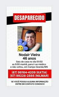 Família busca por Nodair Vieira, que desapareceu na manhã de quarta-feira (1º). (Foto: Reprodução/Redes Sociais)