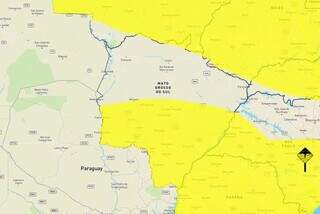 Área em amarelo indica risco de tempestade em MS (Arte: Inmet)