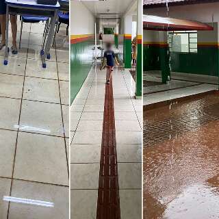 Chove em sala de aula e alunos lancham embaixo de água em escola 