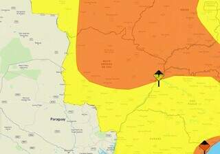 Áreas em amarelo e laranja indicam risco de chuva intensa em MS (Arte: Inmet)