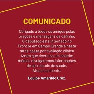 Nota divulgada pela assessoria de imprensa do deputado estadual Amarildo Cruz. (Foto: Reprodução/Redes Sociais)