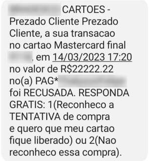 Mensagem que vítima recebeu da operadora do banco informando o valor da compra. (Foto: Reprodução)