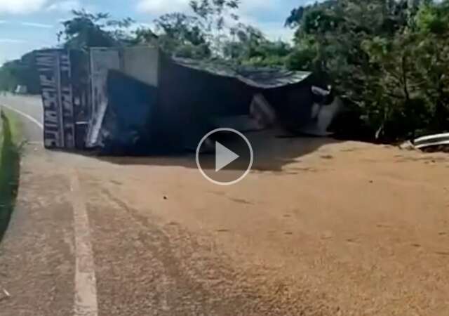 Carreta carregada com soja tomba e interdita trecho de rodovia