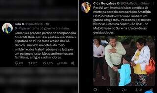 Reprodução das mensagens publicadas pelo presidete Lula e a ministra das Mulheres, Cida Gonçalves, no twitter. (Foto: Reprodução)