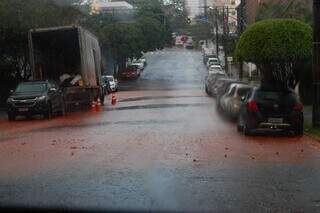 Princípio de alagamento na Rua da Paz, no bairro Jardim dos Estados (Foto: Alex Machado)