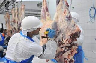 Funcionário cortando carne em frigorífico (Foto: Reprodução/Fiems)