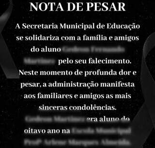 Nota de pesar da Secretaria Municipal de Educação pela morte do menino de 12 anos (Foto: Divulgação/Semed)