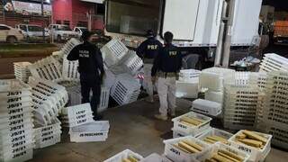 Policiais durante fiscalização que aprendeu carga estimada em R$ 698 mil. (Foto: Adilson Domingos)