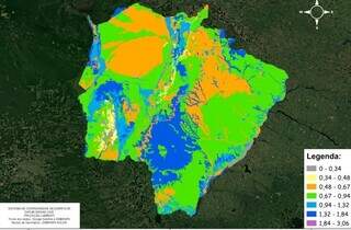 Mapa de retenção de água no solo, divulgado pela pasta. (Foto: Reprodução/Semadesc)