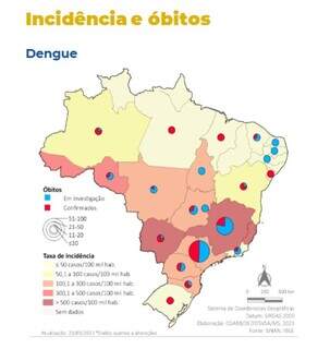 Mapa de incidência e óbitos da dengue no Brasil. (Foto: Reprodução/Ministério da Saúde)