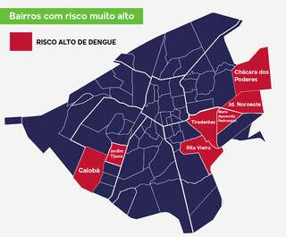 Mapa mostra bairros com alto risco de dengue (Arte: Lennon Almeida)