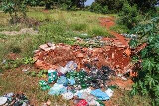 Várias garrafas de cerveja e sacolas jogadas em terreno baldio no bairro Caiobá (Foto: Henrique Kawaminami)