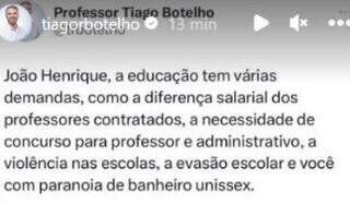 Post de Thiago Botelho sobre a discussão referente aos banheiros.