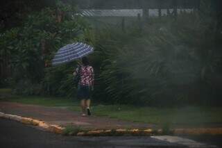 Precavida, mulher foi para a rua com guarda-chuva na mão (Foto: Henrique Kawaminami)