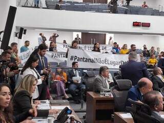 Protesto de populares que pediam a proteção do Pantanal na Assembleia Legislativa, na última terça-feira (18). (Foto: Arquivo/Jéssica Benitez)