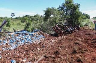 Carreta tombada e carga espalhada às margens da rodovia. (Foto: Henrique Kawaminami)