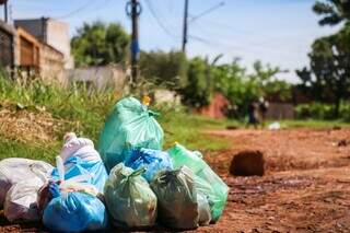 Sacolas com lixo domiciliar à espera da coleta no Jardim Itamaracá. (Foto: Henrique Kawaminami)