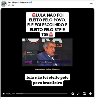 Print da postagem do ex-presidente Jair Messias Bolsonaro (PL) realizado no dia 10 de janeiro que motivou oitiva na Polícia Federal. (Foto: Reprodução)