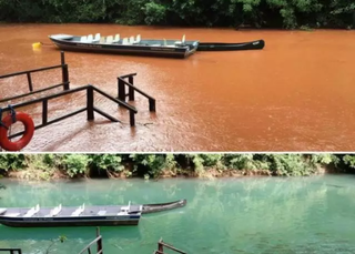 Comparativo do Rio da Prata tomado pela lama em 2018 e antes do turvamento das águas. (Foto: Reprodução)