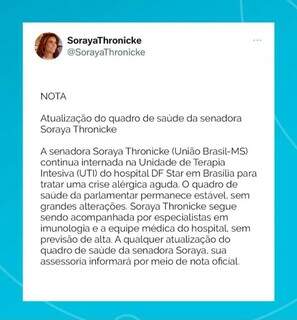 Estado de saúde da senadora Soraya Thronicke tem sido atualizado via redes sociais (Foto Reprodução)