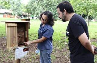  Zootecnista Jovelina Maria de Oliveira, da Agraer, mostra como as abelhas vivem dentro do Parque das Nações Indígenas. (Foto: Divulgação/Agraer)