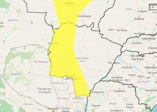 Área em amarelo indica risco de chuva intensa em parte de MS (Arte: Inmet)