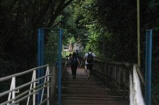 Estudantes cruzam passarela ecológica que liga blocos da UFMS (Foto: Paulo Francis)