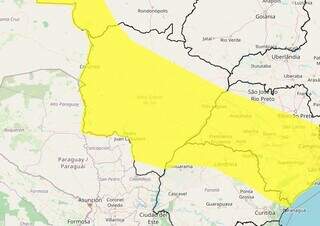 Área em amarelo indica risco de chuva intensa em parte de MS (Arte: Inmet)