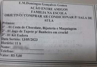 Rifa vendida a R$ 5,00 para compra do ar-condicionado. (Foto: Reprodução)