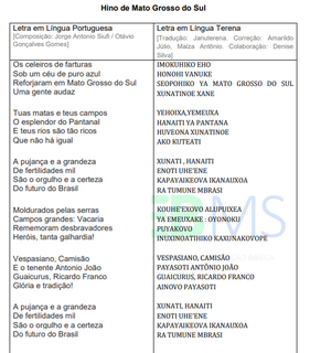 Hino de Mato Grosso do Sul traduzido para a língua terena. (Foto: Divulgação)