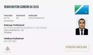 No site da OAB/MS (Ordem dos Advogados do Brasil), Renan Maycon aparece com o registro de estagiário já cancelado (Foto: Reprodução)