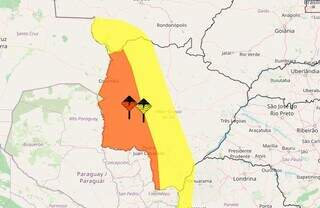 Áreas em amarelo e laranja indicam risco de chuva intensa (Arte: Inmet)
