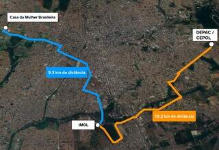 Mapa mostra distância do Imol para Casa da Mulher Brasileira (linha azul) e para a Depac Cepol (linha laranja).