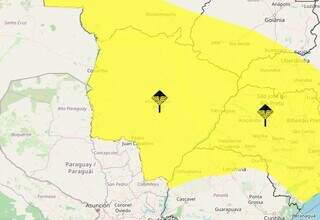 Área em amarelo indica risco de tempestade em MS (Arte: Inmet)