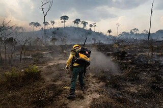 Ação de brigadista durante combate a incêndio na região do Pantanal, em 2020. (Foto: Arquivo)
