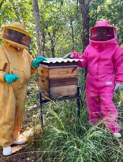 Ozivio e a esposa Iara ao lado de uma das caixas de abelha do apiário. (Foto: Arquivo pessoal)
