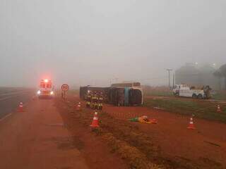 Ônibus parou tombado às margens da rodovia (Foto: Sidney Assis) 