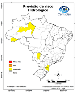 Mapa de locais com riscos hidrológicos somados à previsão de chuva (Fonte: Cemaden)