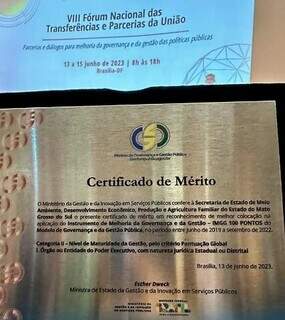 Gestão foi premiada com certificado de mérito reconhecido pelo Governo Federal. (Foto: Reprodução/Semadesc)