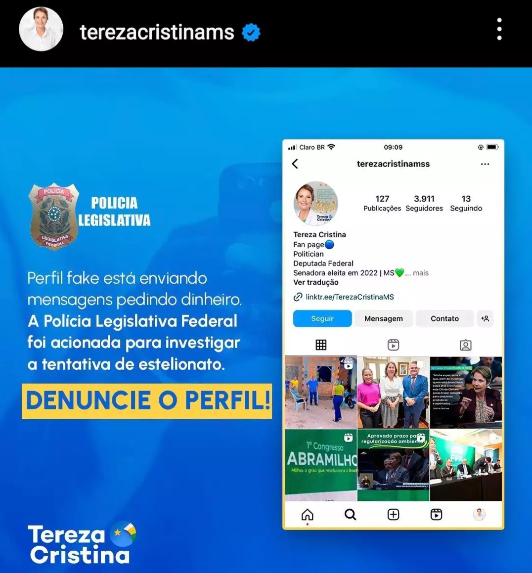 Perfil fake da senadora Tereza Cristina está pedindo dinheiro pela internet
