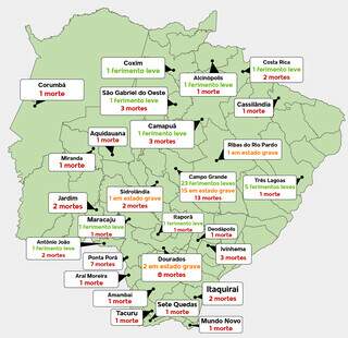 Mapa mostra locais onde ocorreram acidentes registrados pelo Campo Grande News. (Arte: Lennon Almeida)
