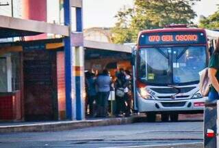 Ônibus 070 estacionado no terminal, aguardando embarque e desembarque de passageiros. (Foto: Henrique Kawaminami)