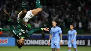 O jogador Rony comemora seu gol contra a equipe do Bolívar, durante partida válida pela fase de grupos da Copa Libertadores, no Allianz Parque. (Foto: Cesar Greco/Palmeiras)