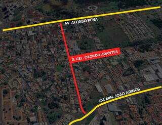 Mapa com a Rua Coronel Cacildo Arantes (em vermelho) entre as Avenidas Afonso Pena e Ministro João Arinos
